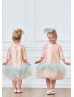 Pink Taffeta Tea Length Wedding Flower Girl Dress With Feathers